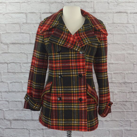 Vintage 70s Tartan Plaid Wool Double Breasted Peacoat Jacket - Picture 1 of 7